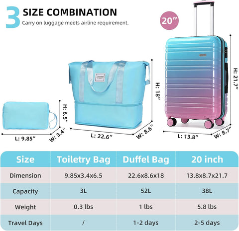 LARVENDER Carry on Luggage Sets 3 Piece, 20inch Suitcase Set, Cotton Candy