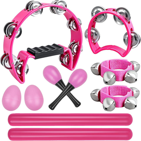 10Pcs Pink Tamborines Musical Instrument Adults, Kids Music Percussion Set