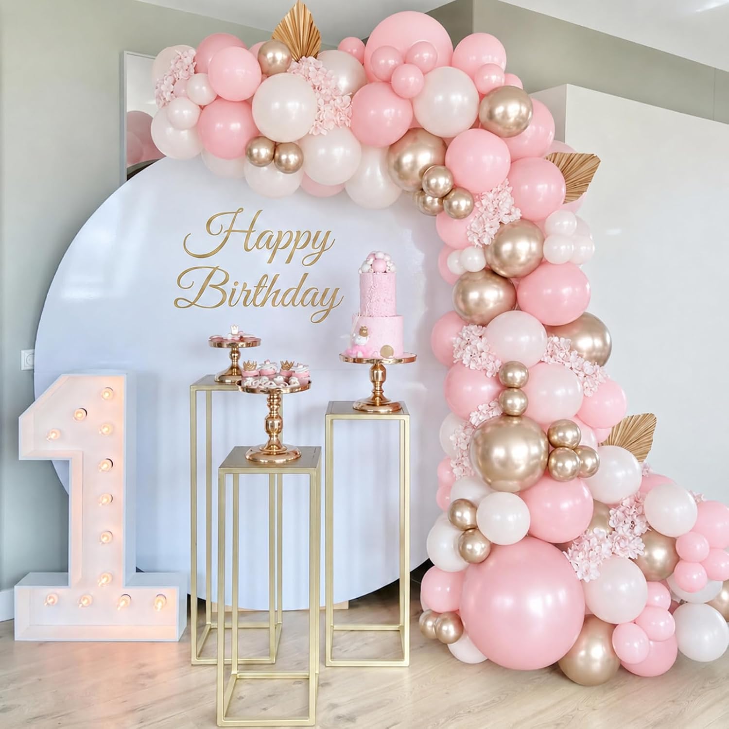 Pink and Gold Balloons, 12 Inch Pastel Light Pink and Pearl Sand White Latex Balloon with Metallic Champagne Gold Beige Balloon for Boho Princess Women Birthday Baby Bridal Shower Wedding Engagement