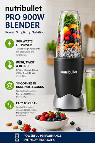 NutriBullet Pro 900W Single-Serve Blender Exclusive Bundle (Black Stainless)