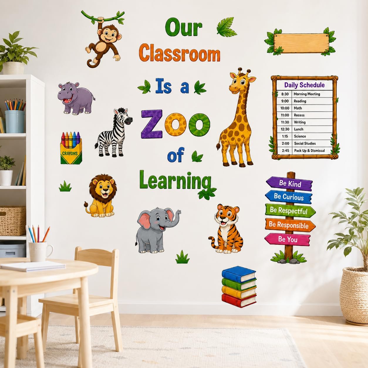 Zoo Animal Wall Stickers PVC Jungle Animal Wall Decals Tiger Elephant Giraffe Lion Monkey Wall Decor for Nursery Playroom Bedroom Classroom Kindergarten
