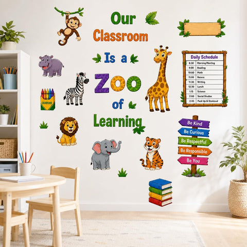 Zoo Animal Wall Stickers PVC Jungle Animal Wall Decals Tiger Elephant Giraffe Lion Monkey Wall Decor for Nursery Playroom Bedroom Classroom Kindergarten
