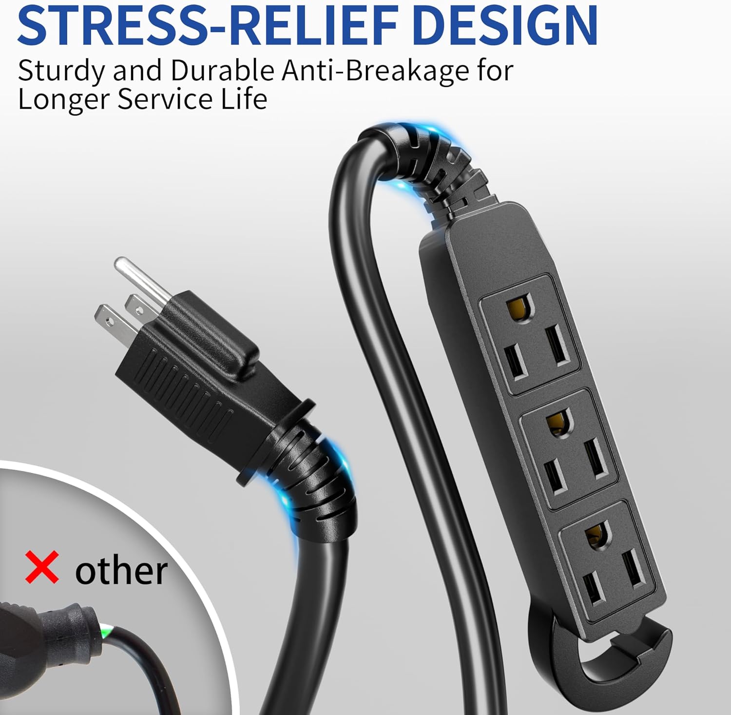 15Ft 3 Prong Multiple Outlets Outdoor Extension Cord, Black