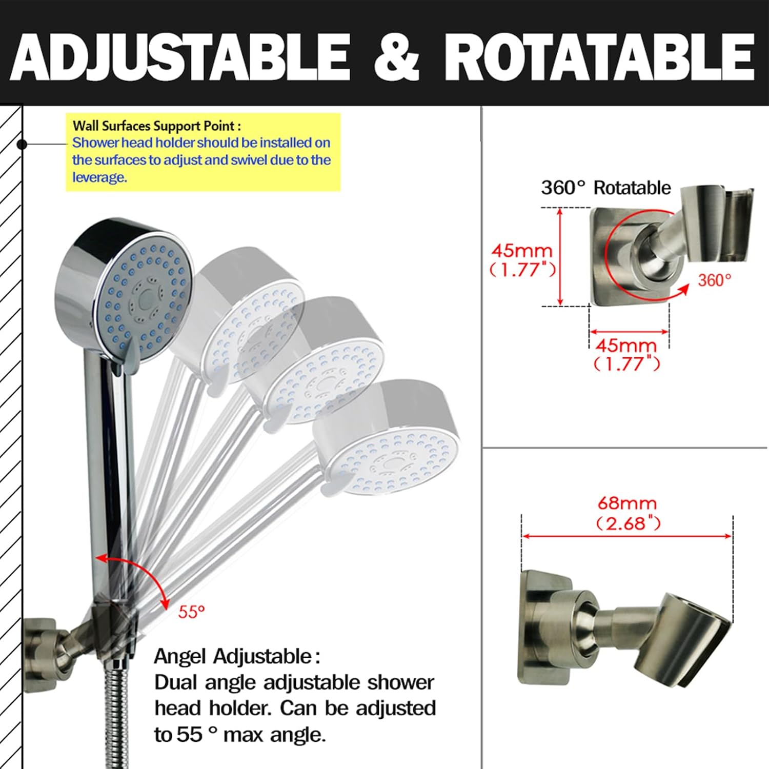 Shower Head Holder Handheld Shower Wand Bracket Adhesive Shower Wall Mount Holder Brass Shower Spray Holder Brushed Nickel, Drill Free Glue Installation