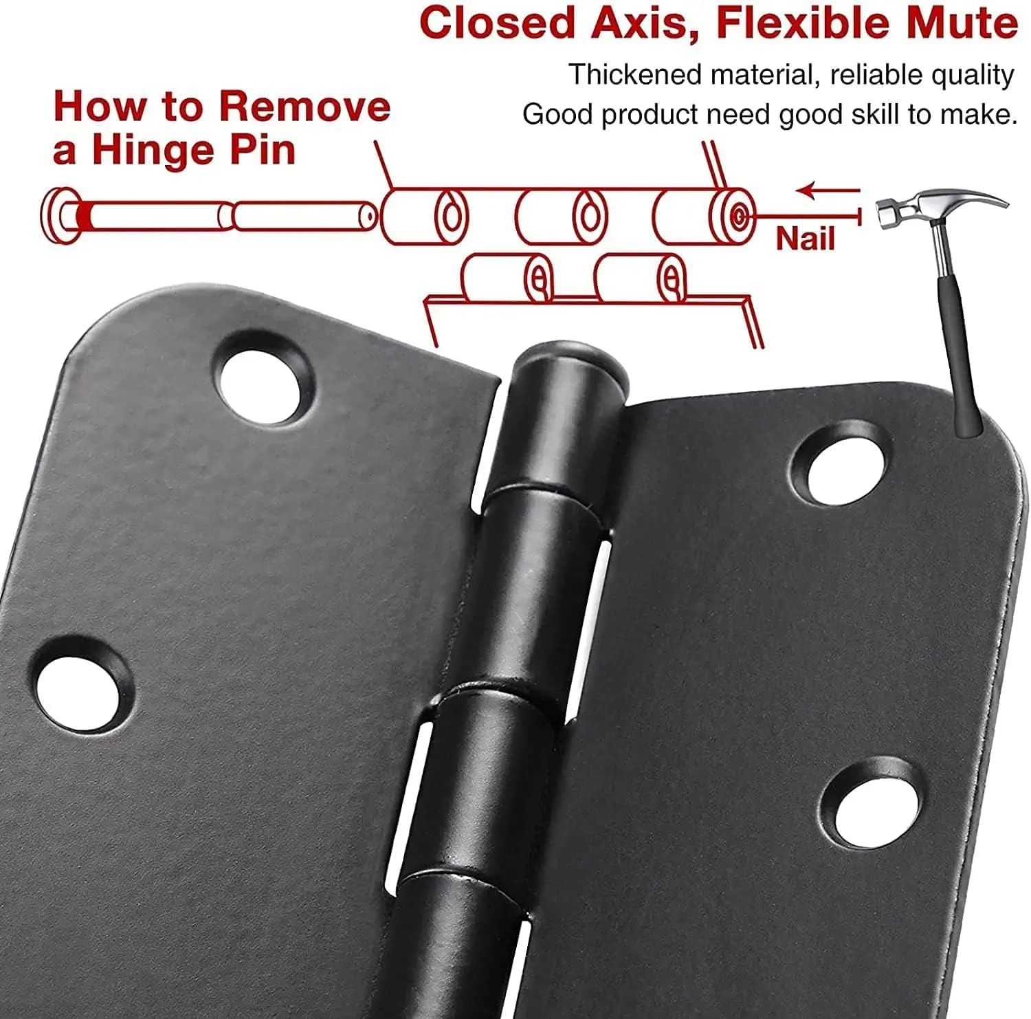 12 Pack Rounded Matte Black Door Hinges 3.5 Inch with 5/8" Radius Corners