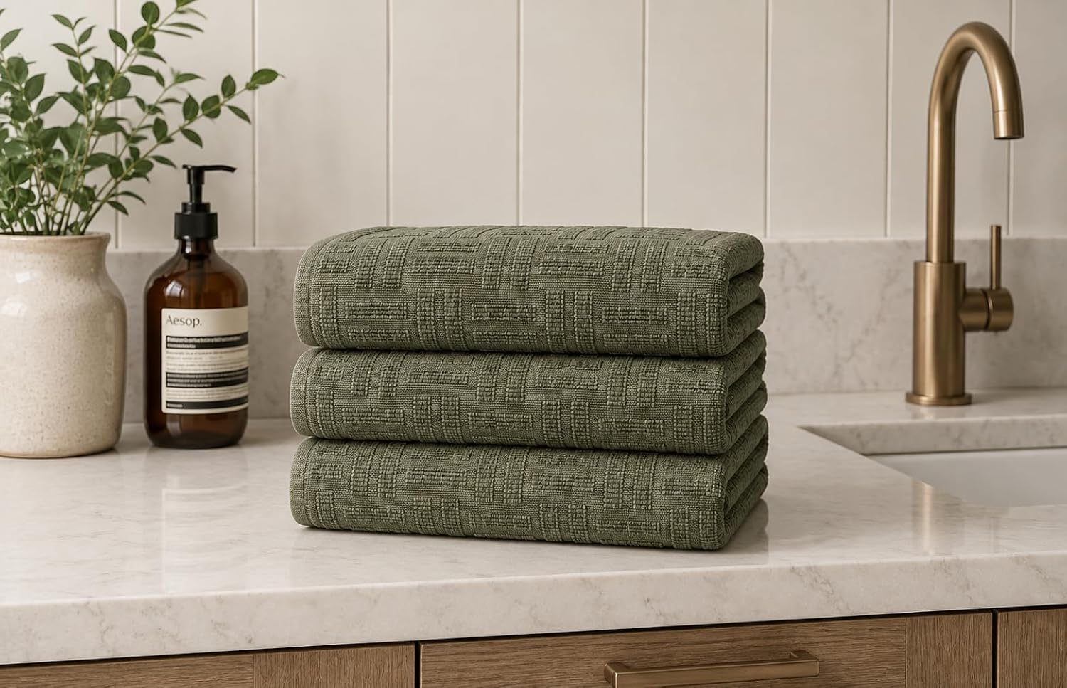Olive Green Kitchen Hand Dish Towels, Set of 3, 100% Cotton, 18" x 28"