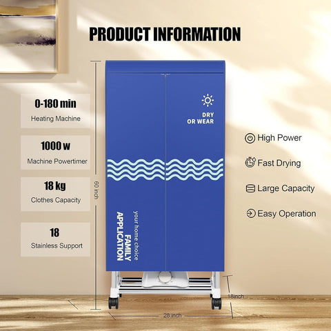 Clothes Dryer, Portable Drying Machine with Timer, 60inch Laundry Drying Wardrobe with Large Capacity, Electric Dryer/Rack for Home | Appartments (Blue IM5)
