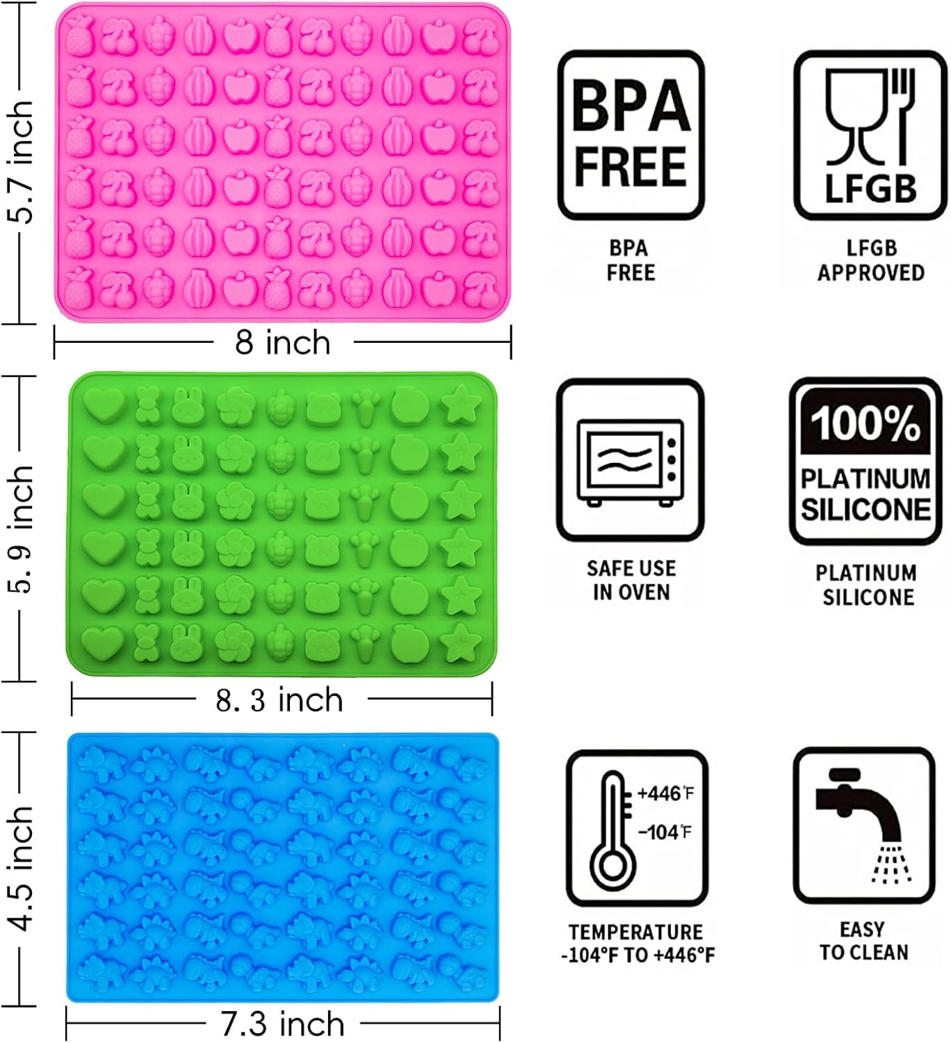 5Pcs Gummy Candy Molds - Silicone Gummy Dinosaur/Marine Animal/Donut/Small Hearts Shapes/Fruit Snack Mold with 2pcs Dropper,Non-stick and Bpa Free for Mini Candy Chocolate Gummies Baking
