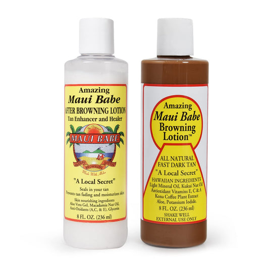 Maui Babe Before And After Browning Lotion, [2-Pack]- Before And After Sun Tan, Made In USA, 8 Ounces