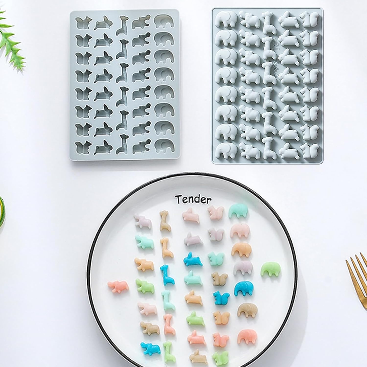 2PCS 38-Cavity Silicone Mini Animal Theme Molds with Giraffe Elephant Hippo Squirrel Rabbit for Candy Chocolate Jello Cake Decoration