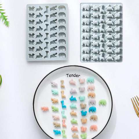 2PCS 38-Cavity Silicone Mini Animal Theme Molds with Giraffe Elephant Hippo Squirrel Rabbit for Candy Chocolate Jello Cake Decoration