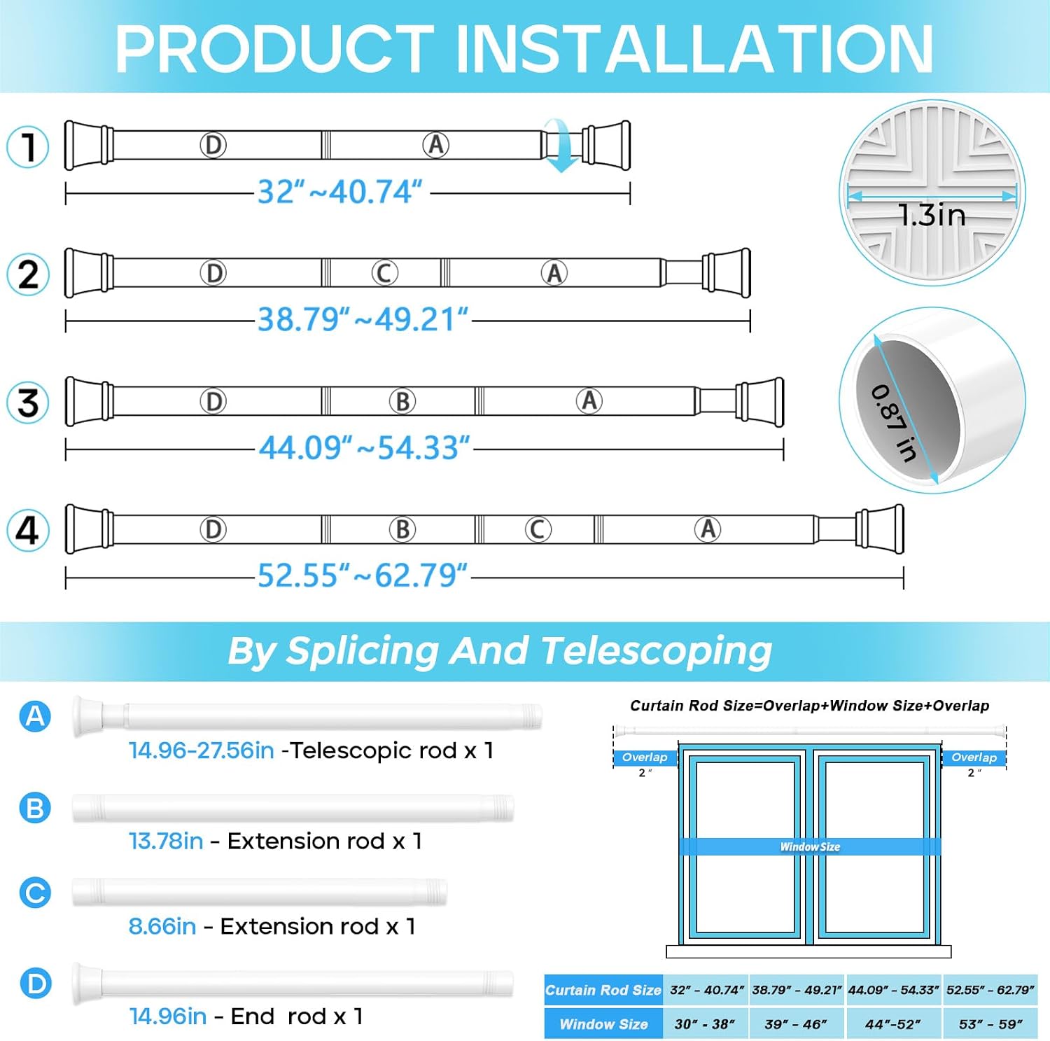 2 Pack Spring Tension Curtain Rod 32-62 inch, White