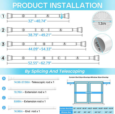 2 Pack Spring Tension Curtain Rod 32-62 inch, White