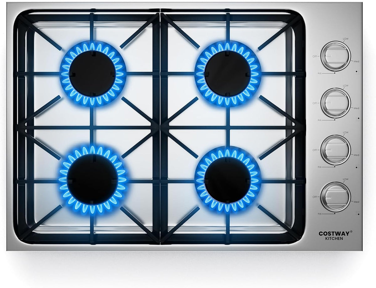 COSTWAY 30-inch Gas Cooktop, Stainless Steel Stove Top with 4 Burners, ABS Knobs and Cast Iron Grates, NG/LP G Convertible Gas Range Top with Sealed Burners for Kitchen, Easy to Clean, Silver