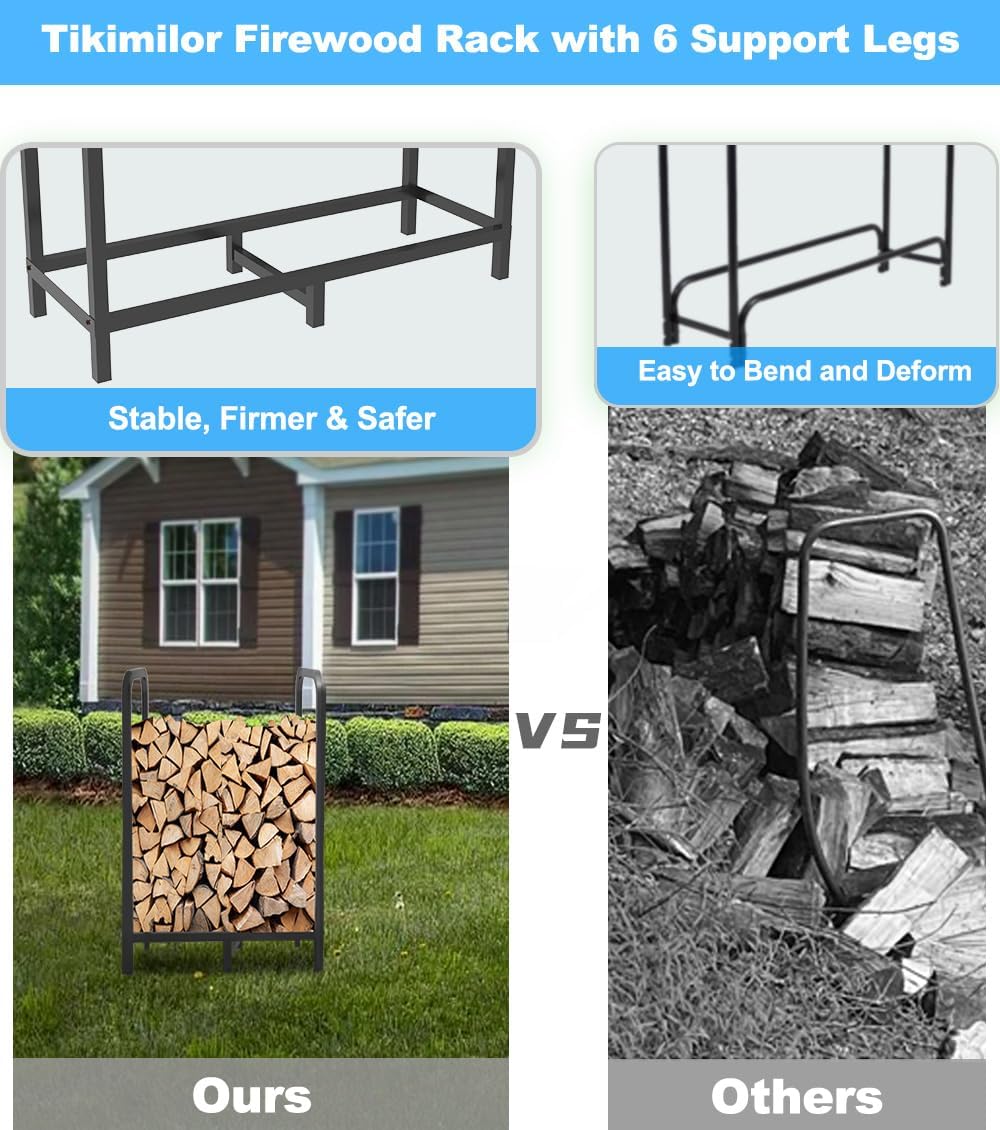 2.8ft Firewood Rack Holder, Adjustable Heavy Duty Fire Log Stacker Stand for Fireplace, Outdoor Indoor Metal Wood Pile Storage Organizer, Patio Logs Stand tool, Black