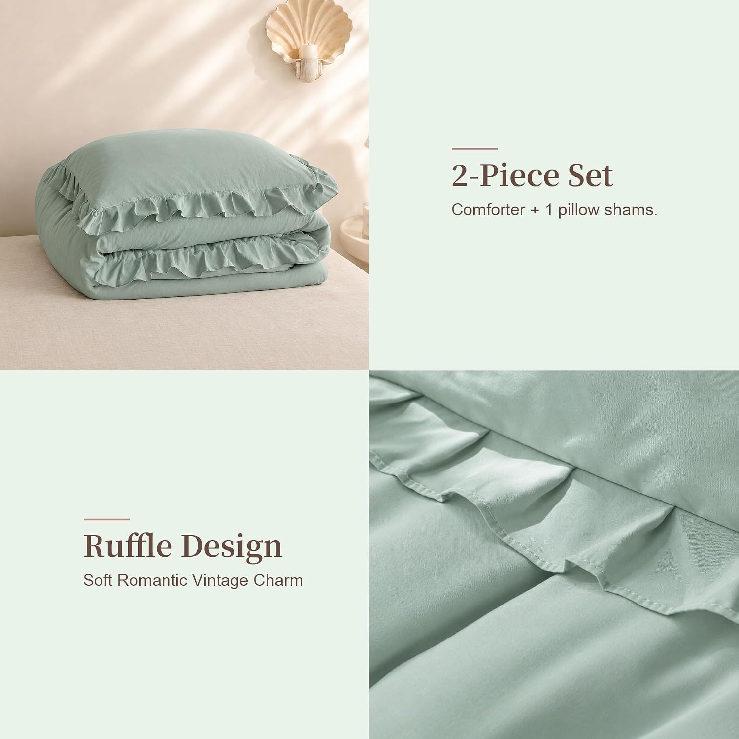 JANZAA Sage Green Comforter Set Twin, Ruffle Soft Bedding