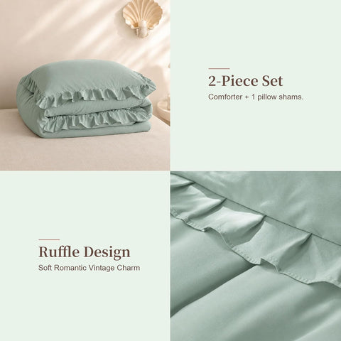 JANZAA Sage Green Comforter Set Twin, Ruffle Soft Bedding