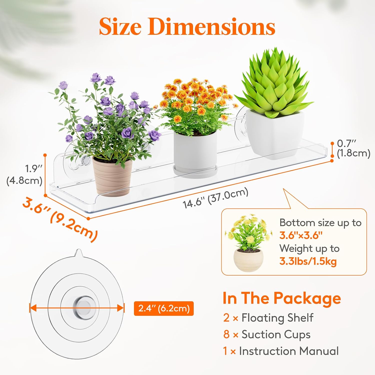 Lifewit Window Plant Shelves 14.6", 2 Pack Acrylic Suction Cup Holder