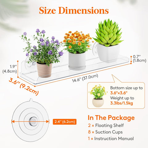 Lifewit Window Plant Shelves 14.6", 2 Pack Acrylic Suction Cup Holder