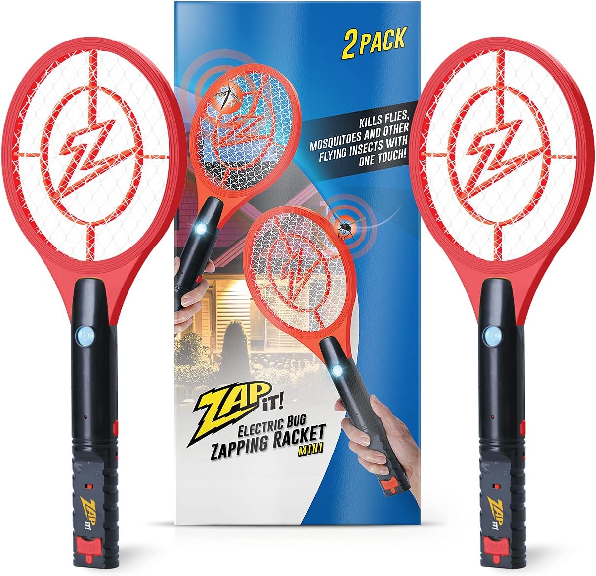 ZAP IT! Rechargeable Electric Fly Swatter Racket - 4,000-Volt Mosquito Zapper with USB Charging Cable and LED Light -Small- Safe 3-Layer Mesh, Red, 2-Pack, Bug Zapper Racquet for Indoors and Outdoors