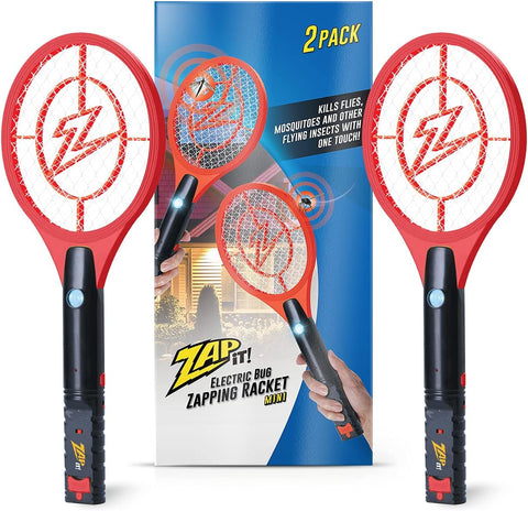 ZAP IT! Rechargeable Electric Fly Swatter Racket - 4,000-Volt Mosquito Zapper with USB Charging Cable and LED Light -Small- Safe 3-Layer Mesh, Red, 2-Pack, Bug Zapper Racquet for Indoors and Outdoors