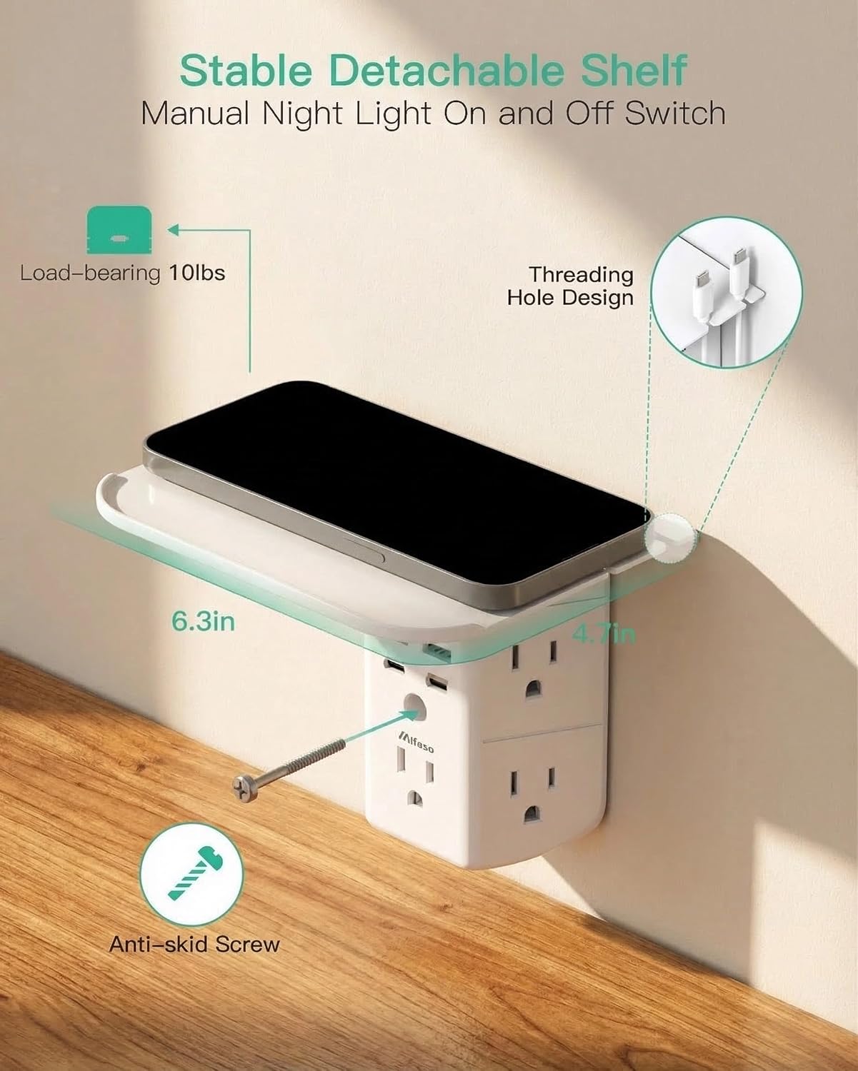Mifaso PD20W Outlet Extender with Shelf & Night Light, Surge Protector