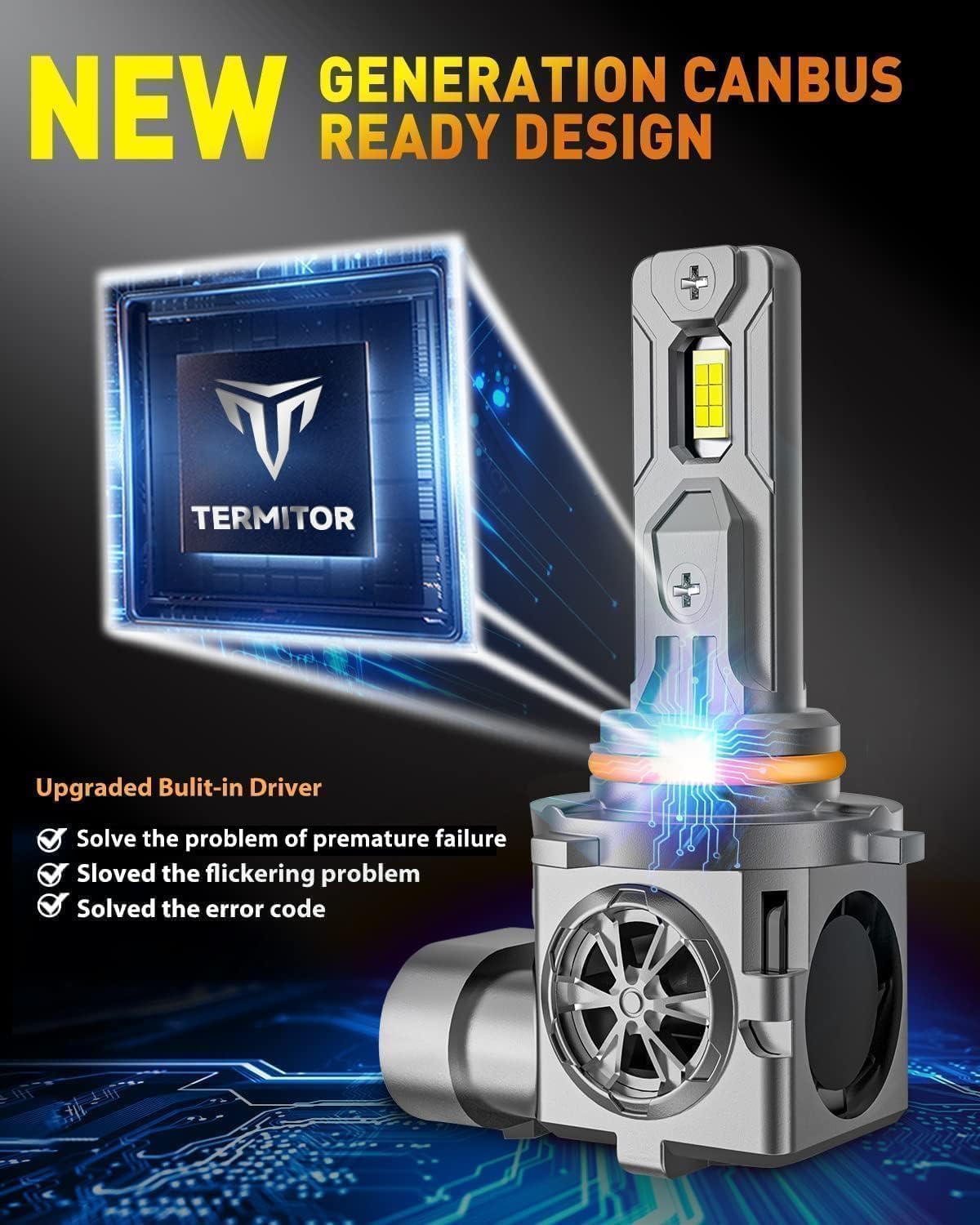 Termitor H11/H9 & 9005/HB3 LED Bulb Combo, 15X Output 150,000LM 6500K, IP68 Waterproof 1:1 Halogen Fit, Canbus Ready, Extended Life Plug & Play, Pack of 4