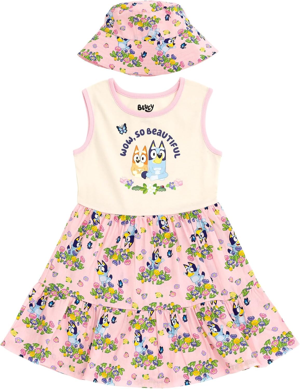 Bluey Floral Girls Dress and Bucket Sun Hat Toddler to Big Kid