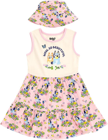 Bluey Floral Girls Dress and Bucket Sun Hat Toddler to Big Kid