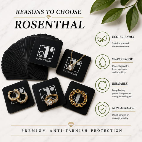 Rosenthal Collection - 100 Anti-Tarnish Strips 1"x1" Tabs for Jewelry Storage, Silver Protection, Prevent Tarnish on Rings, Necklaces, Earrings, and Watches
