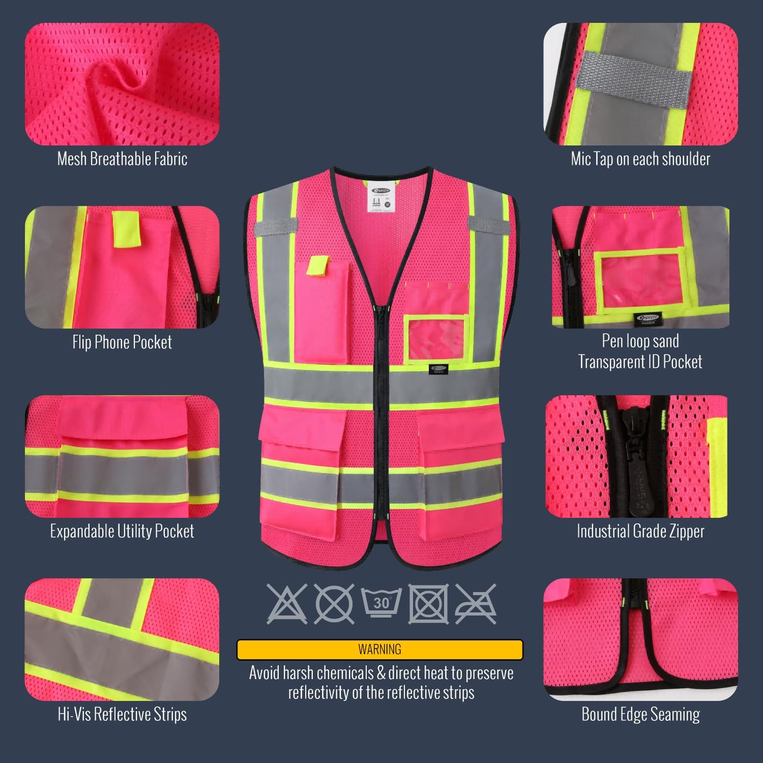 JKSafety Safety Vest for men women Reflective Vest with Pockets and Zipper High Visibility Vests BX340