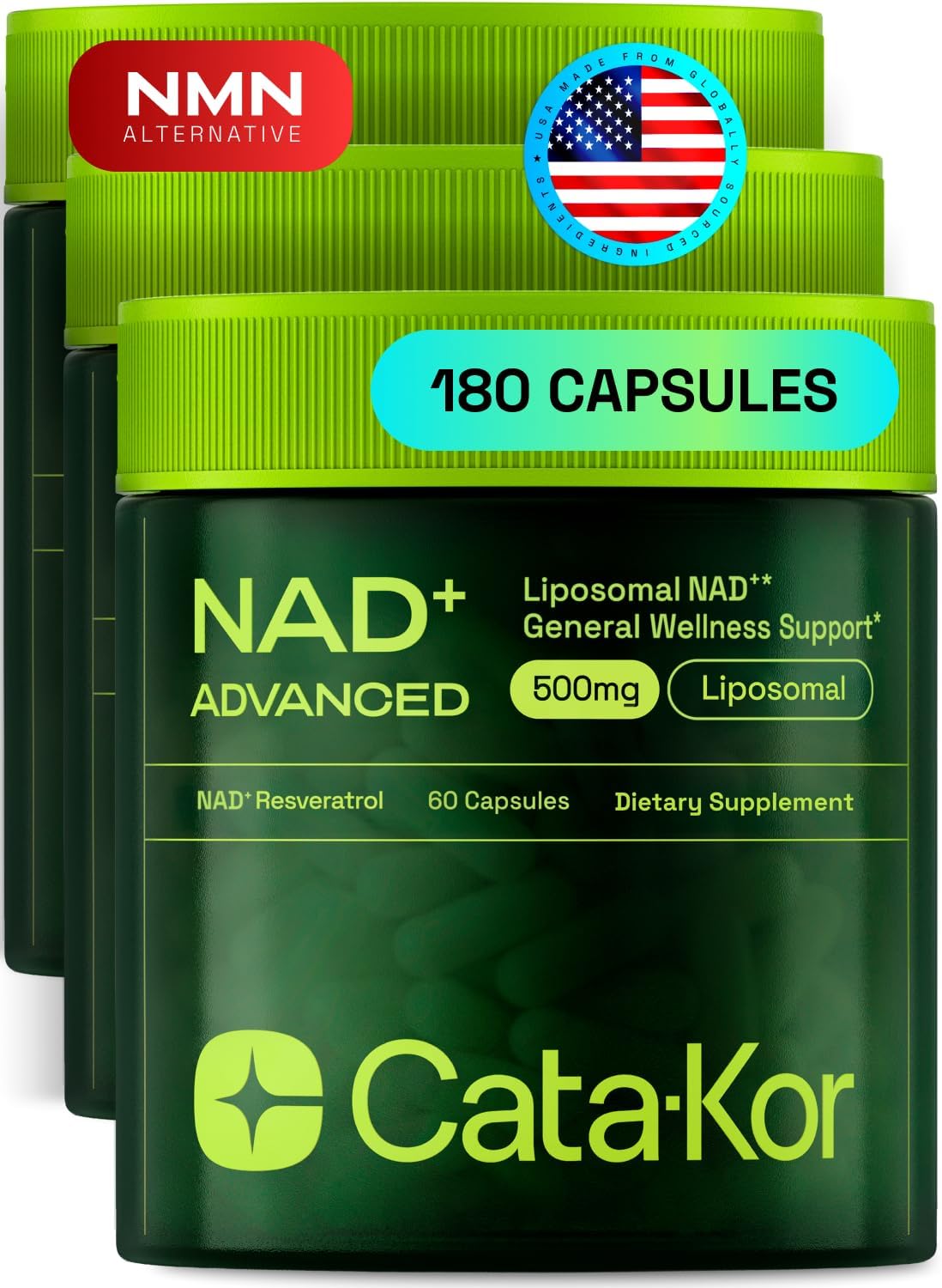 Cata-Kor Liposomal NAD Supplement with Resveratrol – NMN Supplement Alternative – 90-Day Supply – Third-Party Tested – Advanced NAD+ Resveratrol - Pack of 3