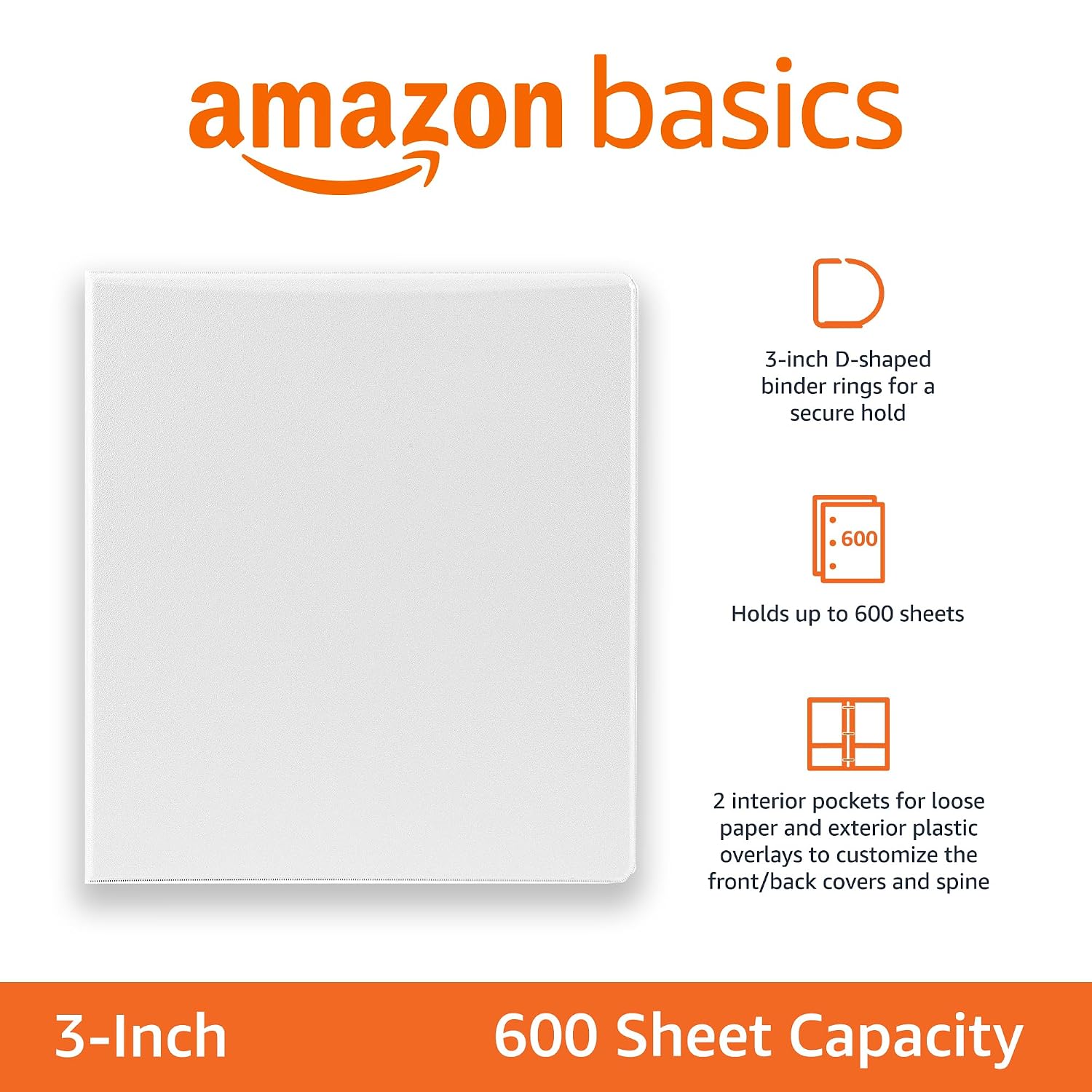 Amazon Basics 3 Ring Binders, 3 Inch D-Ring Organizer for School, Home Office, Paper Storage, White, 2 Pack