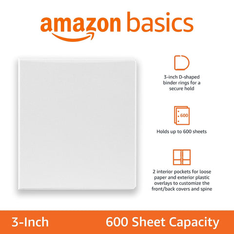 Amazon Basics 3 Ring Binders, 3 Inch D-Ring Organizer for School, Home Office, Paper Storage, White, 2 Pack