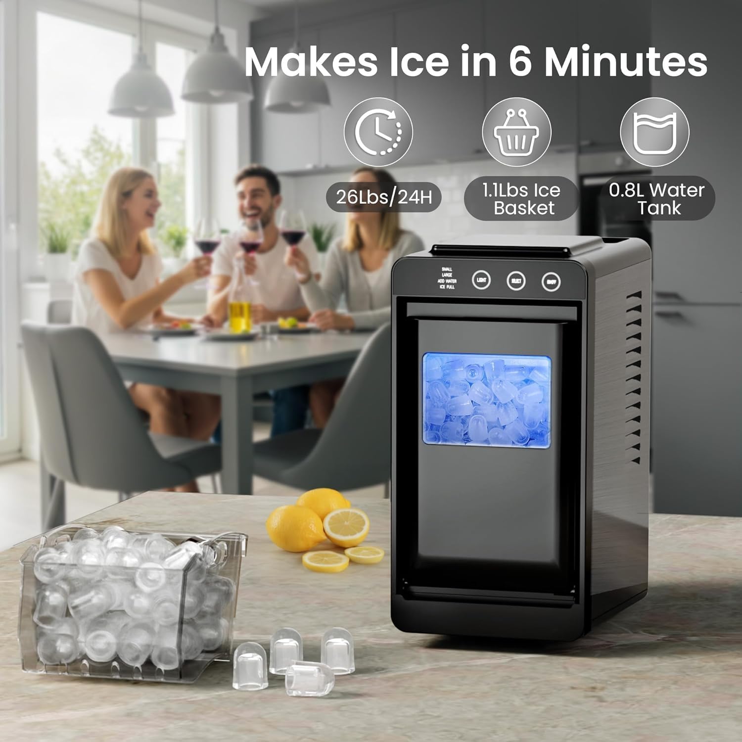 Kismile Portable Countertop Ice Maker, 26lbs/Day, Self-Cleaning, Black