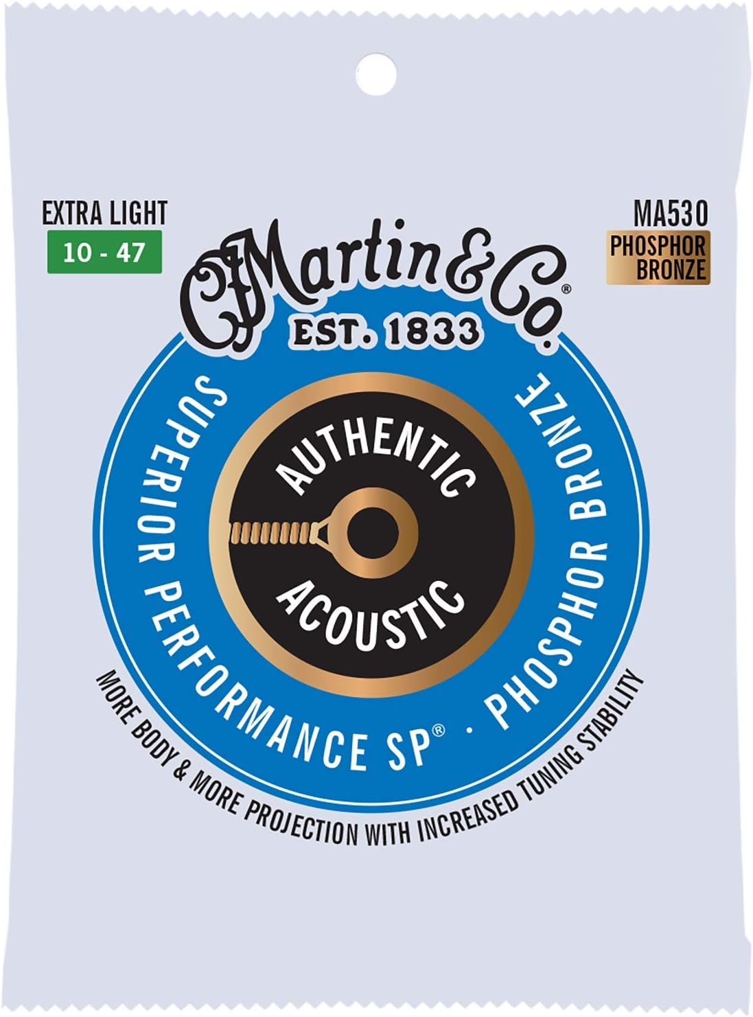 Martin Authentic Acoustic Guitar Strings, Superior Performance Extra Light 10-47, 92/8 Phosphor Bronze