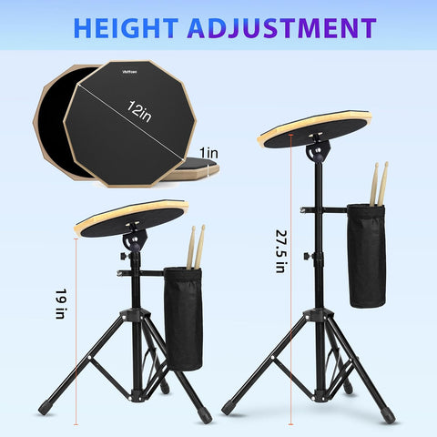 12 Inch Practice Drum Pad with Stand and Sticks, Beginner Snare Drum Pad with Drumsticks and Carrying Bag, Double Sided Silent Drum Pad (Black)