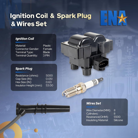 ENA Set of 2 Ignition Coil and 8 Platinum Spark Plug with Wire Set Compatible with Ford 1996 1997 1998 1999 F-150 Expedition 1996 1997 Crown Victoria Grand Marquis Town Car 4.6L Replacement for FD487