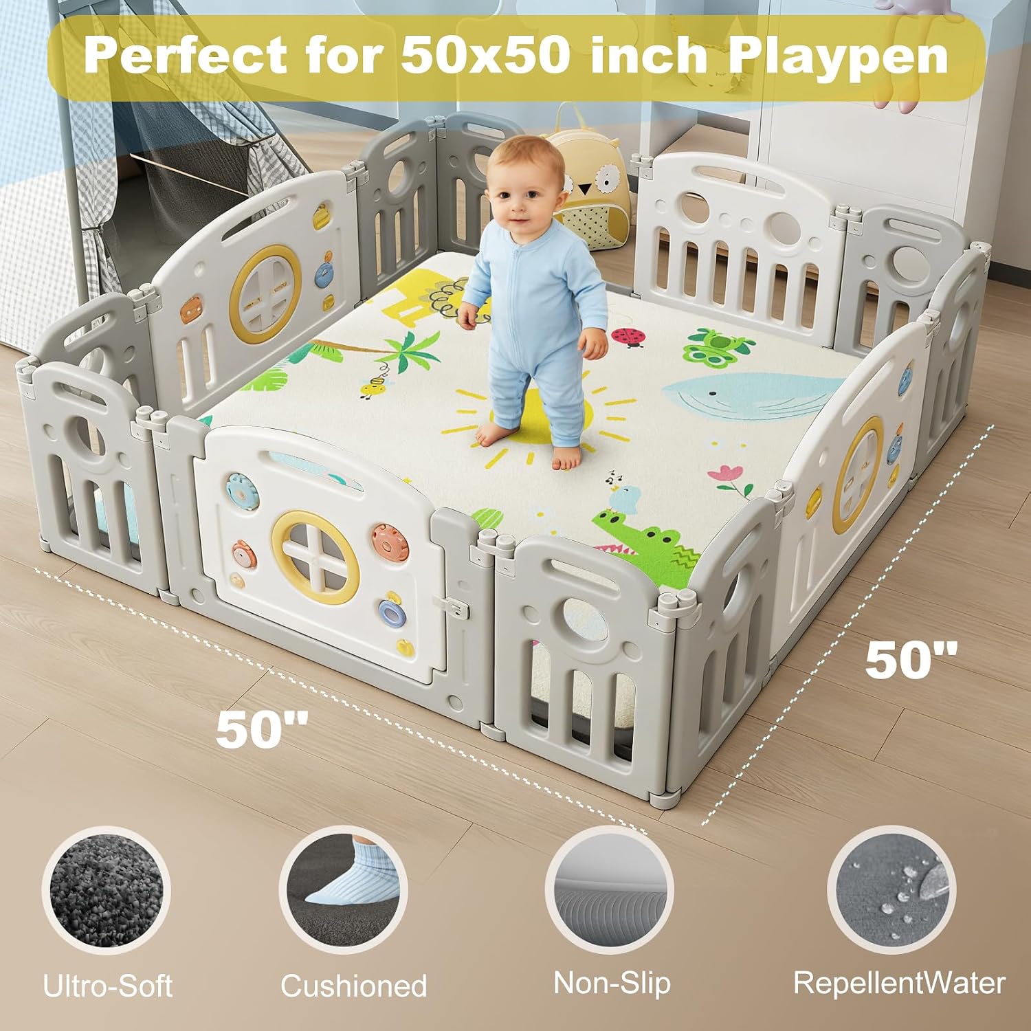 Baby Play Mat for Floor, 1.3" Thick Elasti-Foam Baby Play Mat, 50x50 Playpen Mat for Toddlers Infant kids, Water Repellent Soft Coral Velvet Crawling Mat for Floor, Non-Slip Backing Safe Jungle Safari