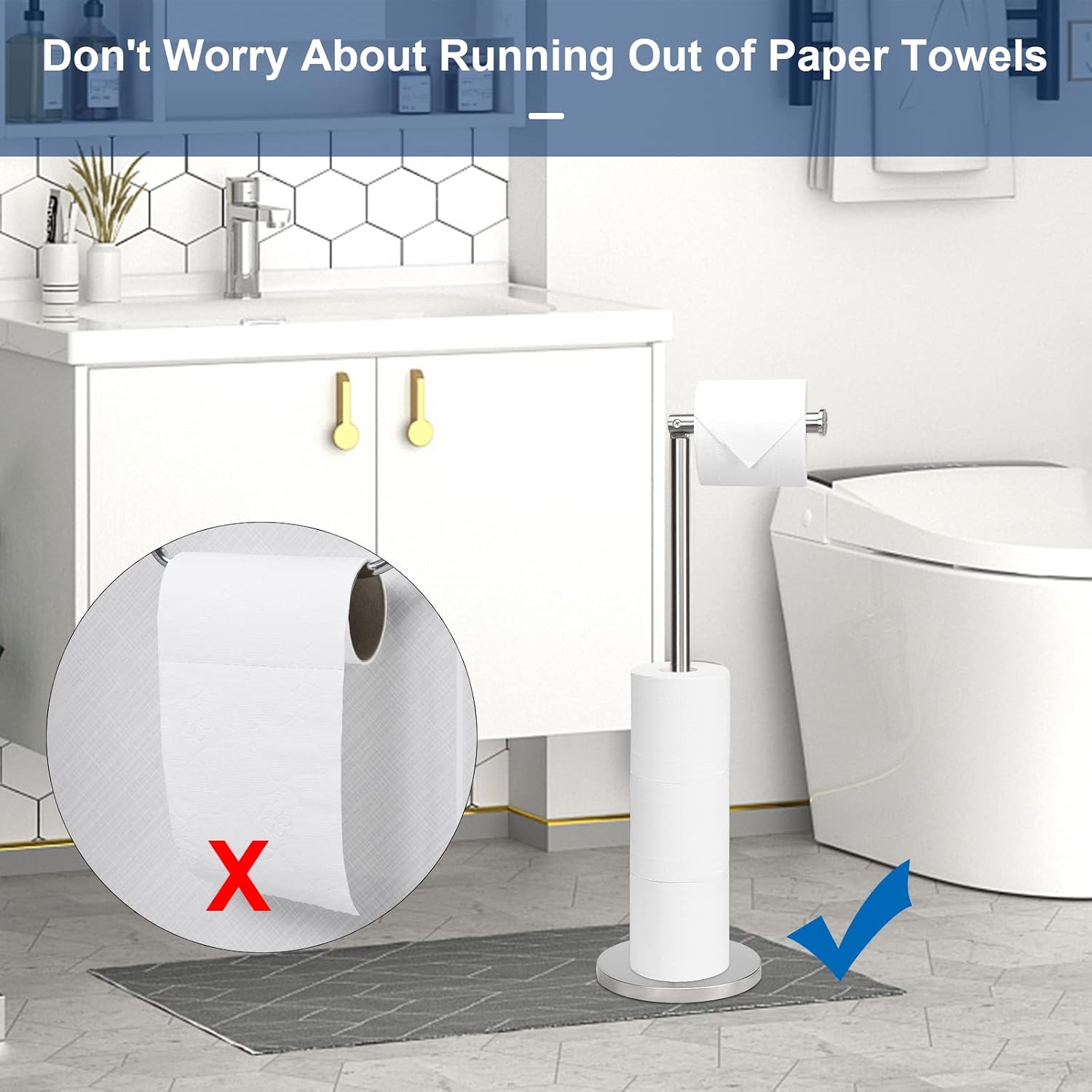 NearMoon Bath Toilet Paper Holder Stand- Modern Tissue Roll Holder Freestanding with Balanced Base, Rustproof Toilet Roll Holder for Bathroom/Kitchen Countertop (Brushed Nickel, Stainless Steel Base)