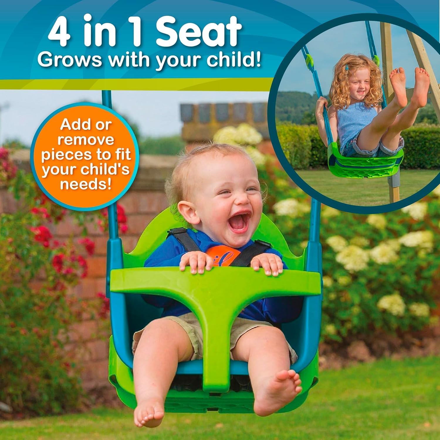 TP Toys Baby Swing - Comfy Toddler Swing Seat, Kids Outdoor Toys, Quadpod Adjustable 4-in-1 Swings Chair, Secure, Safe Quick Click Locking System, Durable, Easy Installation, Ages 6 Months - 8 Years