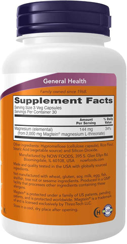 NOW Foods Supplements, Magtein™ with patented form of Magnesium (Mg), Cognitive Support*, 90 Veg Capsules