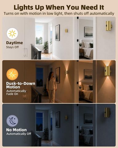 EZVALO Motion Sensor Wall Sconces, Gold Rechargeable Wall Decor