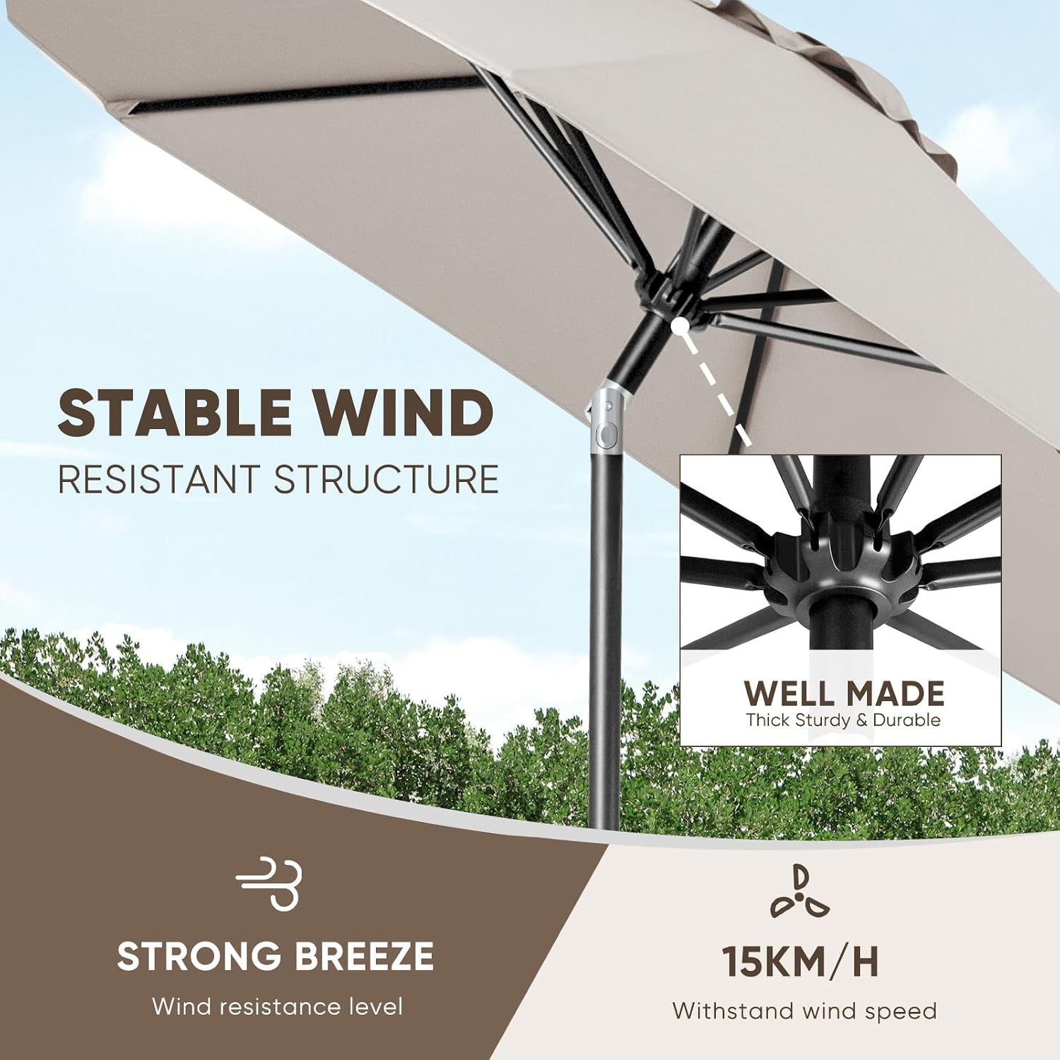 Tempera Patio Market Outdoor Table Umbrella with Push Button Tilt and Crank, Large Sun Umbrella with Sturdy Pole & Fade Resistant Canopy, Easy to Set
