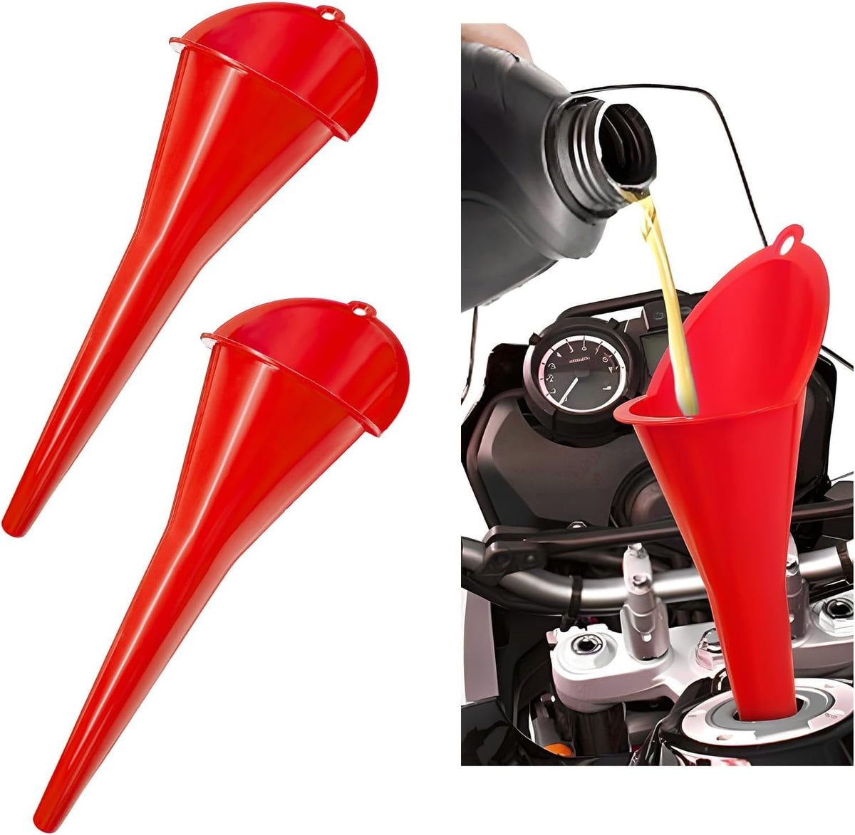 Long-Neck Oil Funnel for Automotive – Multi-Function Plastic Funnel for Oil, Gas & Lubricants – Universal Car Accessory (Red (2-Pack))