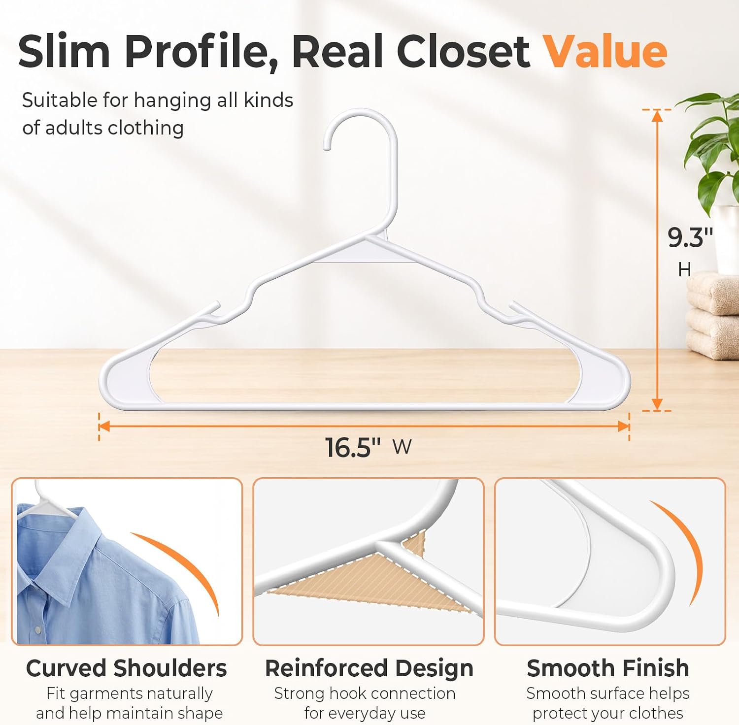 HOUSE DAY White Plastic Hangers 100 Pack, Slim Space Saving Clothes Hangers