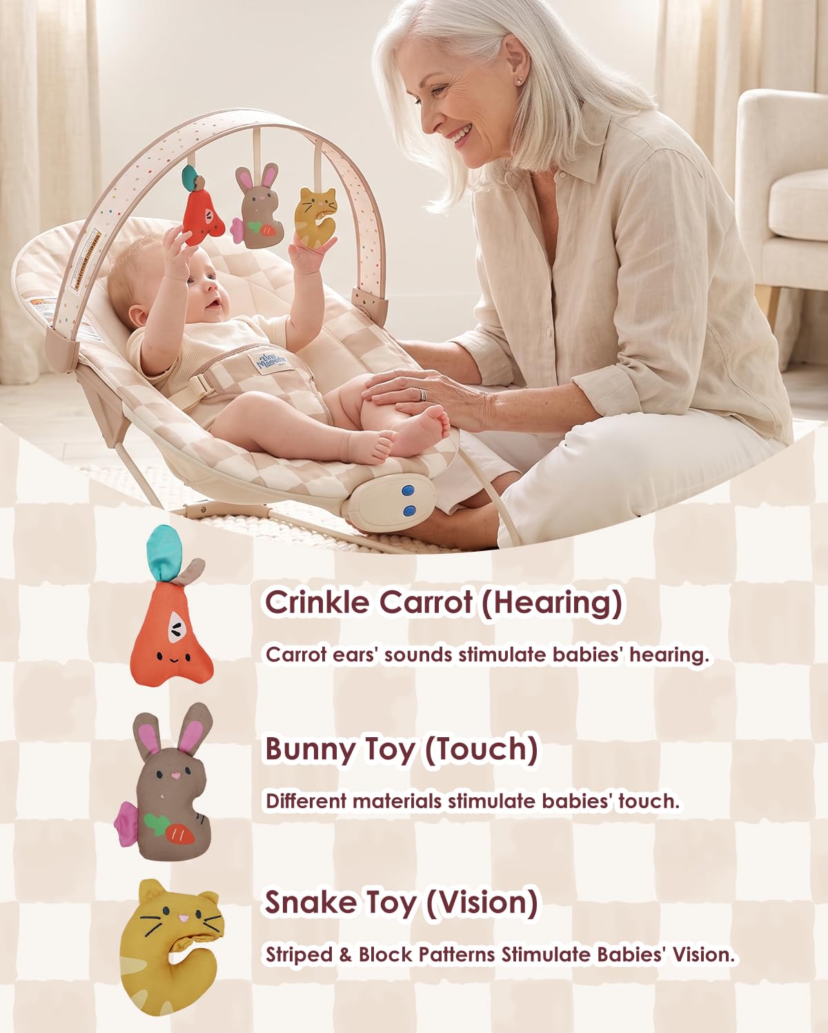 Tiny Marvels Baby Bouncer, Baby Bouncer Seat with Music for 0-6M, 20lbs