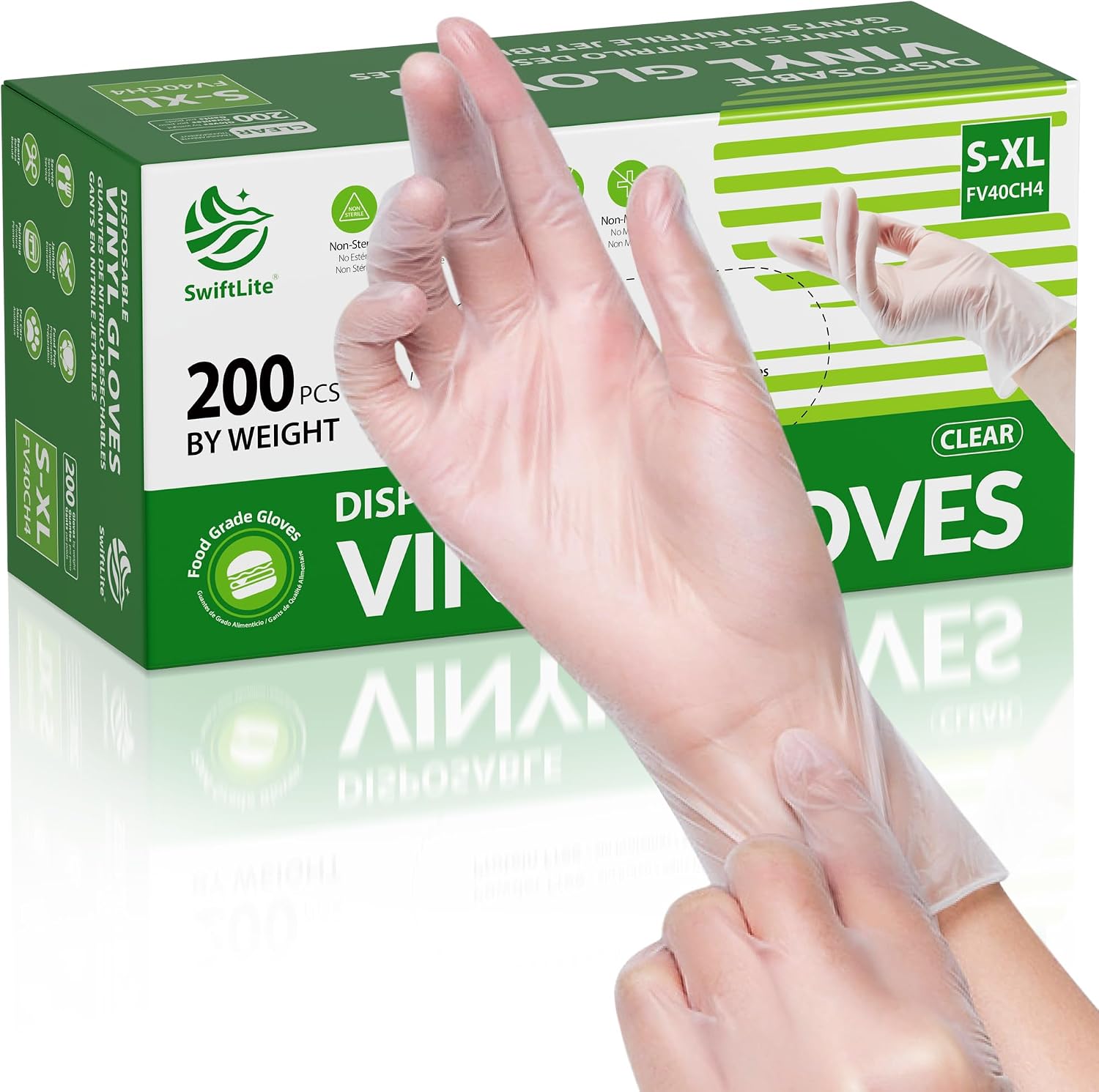 SWIFTLITE Disposable Vinyl Gloves, Food Safe
