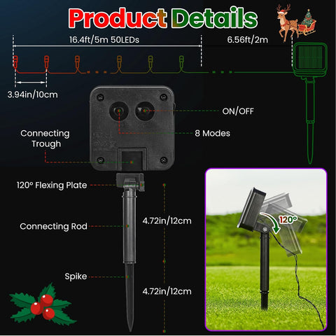 Solar Christmas Lights Outdoor Waterproof Solar Powered String Lights for Christmas Decorations, Total 100LED 45FT for Yard Pathway Garden Fence, 8 Modes 50LED x 2 Packs,Red Green White