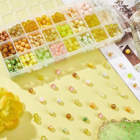 PH PandaHall 720pcs 8mm Yellow Glass Beads 24 Color Fall Bracelet Beads Crystal Bead Baking Painted Glass Loose Bead for Friendship Bracelet Earring Jewelry Making Christmas Tree Ornament